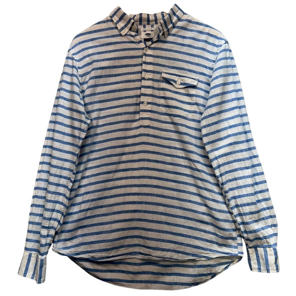 Old Navy Mens 1/2 Button Pullover Linen Shirt Long Sleeve Sz M White Blue Stripe